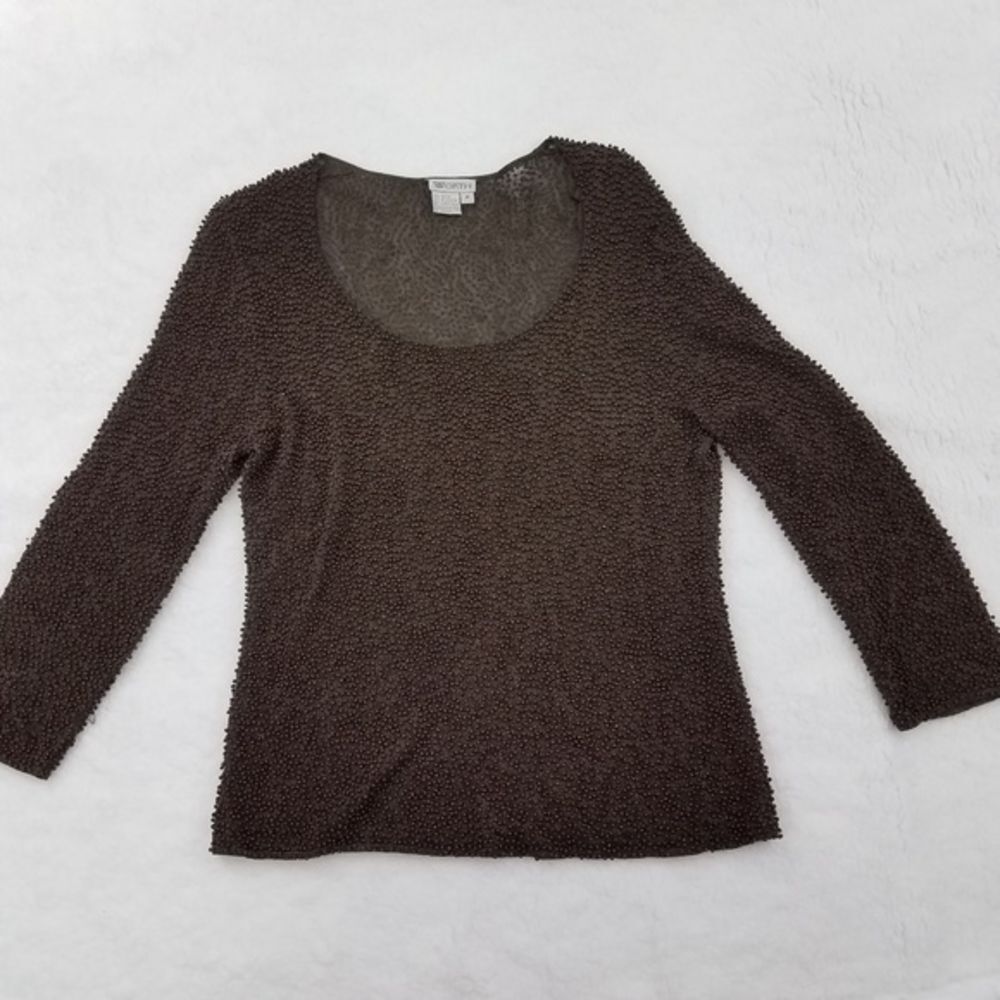 Worth Top M Brown Beaded Scoop‎ Sheer Ball Texture
